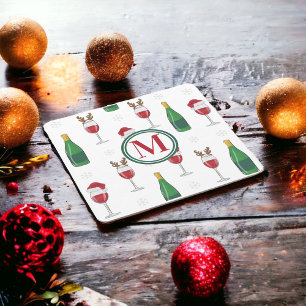Christmas Santa Reindeer Wine Snow Monogram Coaster