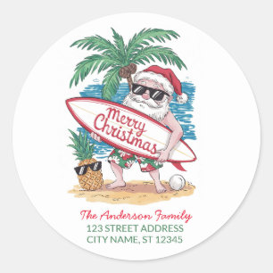 Christmas Santa riding a dinosaur Return Address   Classic Round Sticker