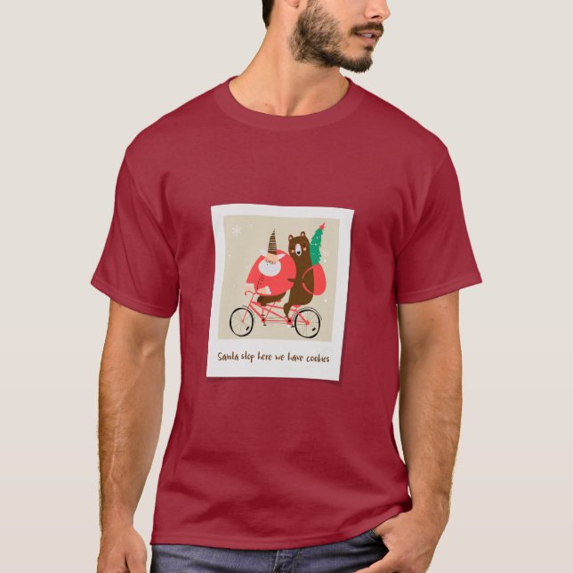 Christmas Santa Riding Bike Bear T-Shirt (Front)