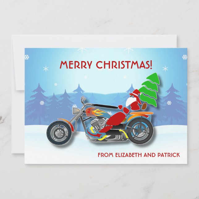 Christmas Santa Riding Chopper Bike With Red Hat Holiday Card (Front)