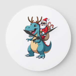 Christmas Santa Riding Dinosaur Deer Xmas (1) Large Clock