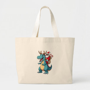Christmas Santa Riding Dinosaur Deer Xmas (1) Large Tote Bag