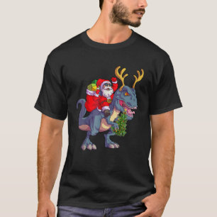 Christmas Santa Riding Dinosaur Deer Xmas Kids Boy T-Shirt