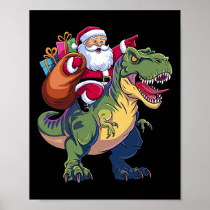 Christmas Santa Riding Dinosaur T-rex Boys Kids To Poster