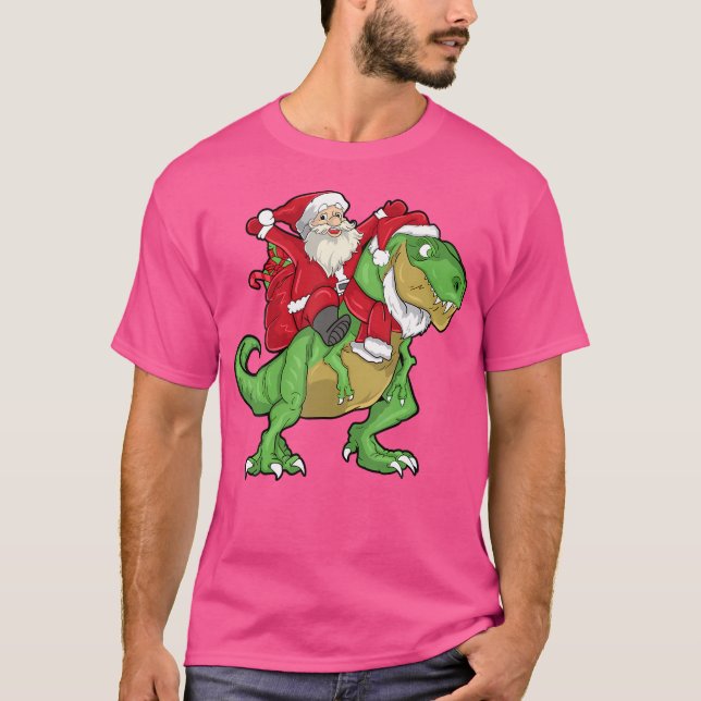 Christmas Santa Riding T-Rex Dinosaur Kids T-Shirt (Front)