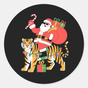 Christmas Santa Riding Tiger Candy Cane Xmas Classic Round Sticker