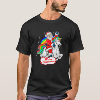 Christmas Santa Riding Unicorn, Cute Xmas Rainbow  T-Shirt