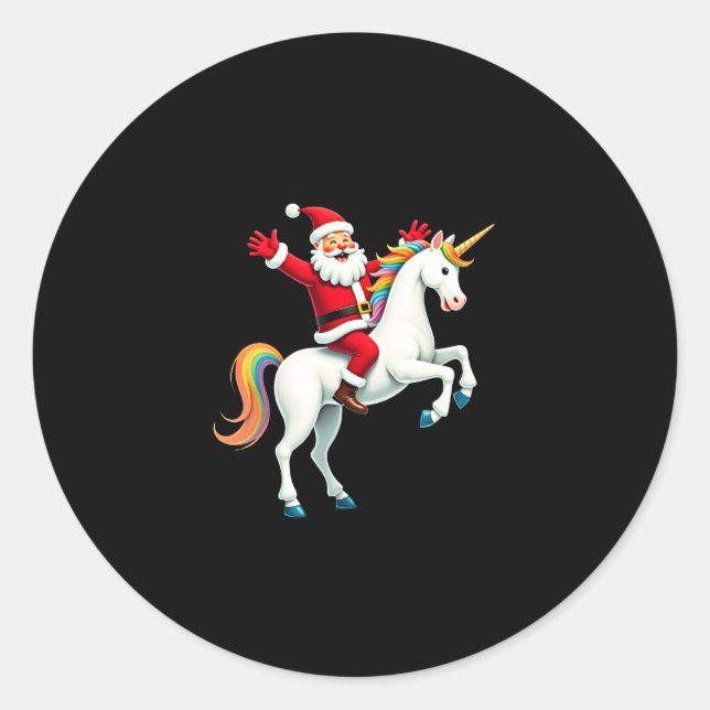 Christmas Santa Riding Unicorn Xmas Girls Women Ra Classic Round Sticker (Front)