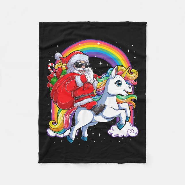 Christmas Santa Riding Unicorn Xmas Girls Women Ra Fleece Blanket (Front)