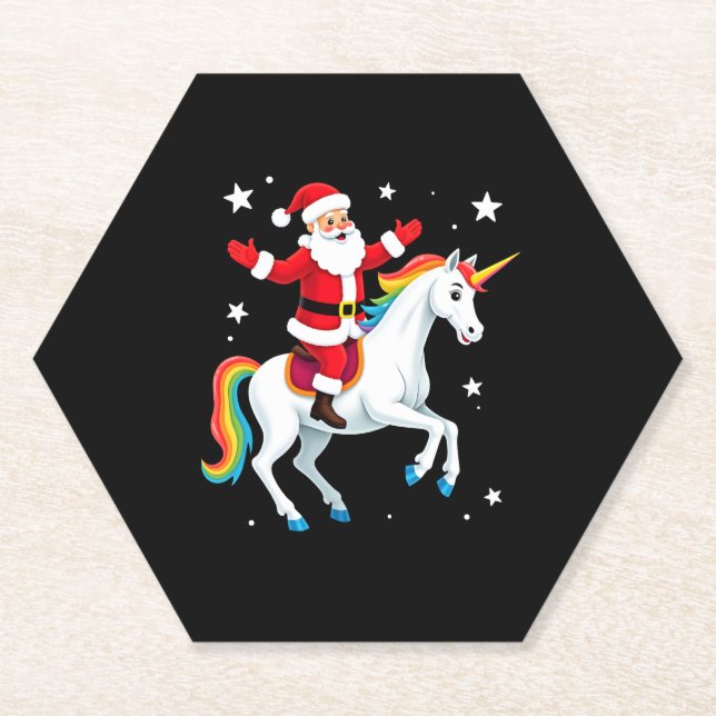 Christmas Santa Riding Unicorn Xmas Girls Women Ra Paper Coaster (Front)