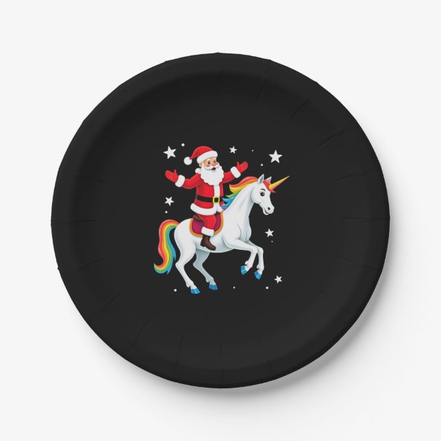 Christmas Santa Riding Unicorn Xmas Girls Women Ra Paper Plate (Front)