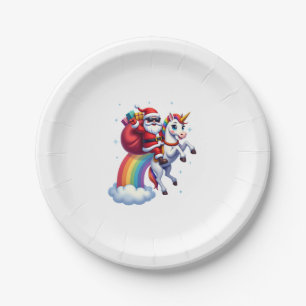 Christmas Santa Riding Unicorn Xmas Girls Women Ra Paper Plate