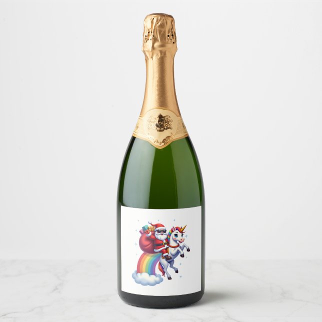 Christmas Santa Riding Unicorn Xmas Girls Women Ra Sparkling Wine Label (Front)