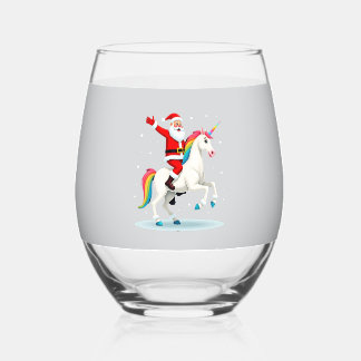 Christmas Santa Riding Unicorn Xmas Girls Women Ra Stemless Wine Glass