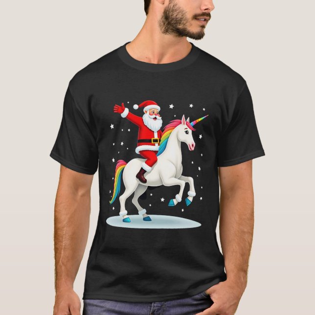 Christmas Santa Riding Unicorn Xmas Girls Women Ra T-Shirt (Front)