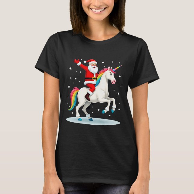 Christmas Santa Riding Unicorn Xmas Girls Women Ra T-Shirt (Front)