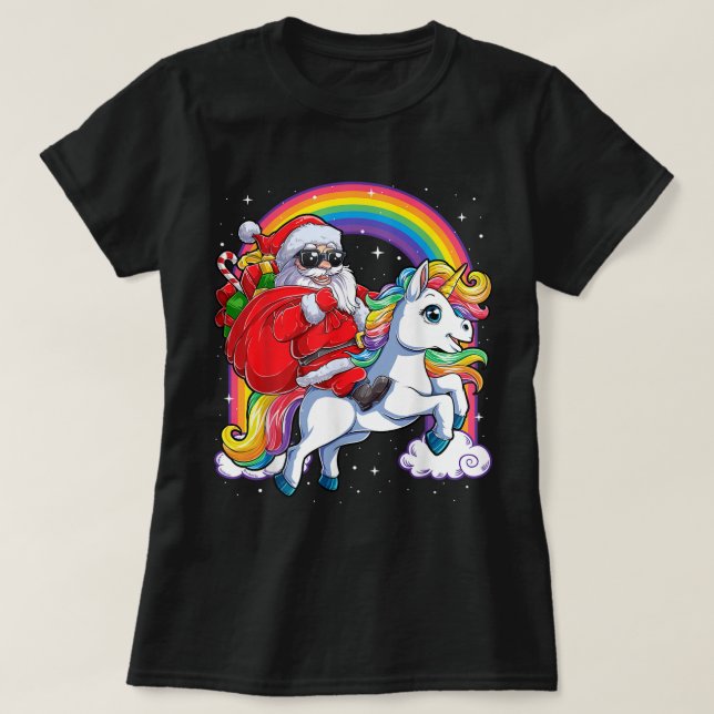 Christmas Santa Riding Unicorn Xmas Girls Women Ra T-Shirt (Design Front)