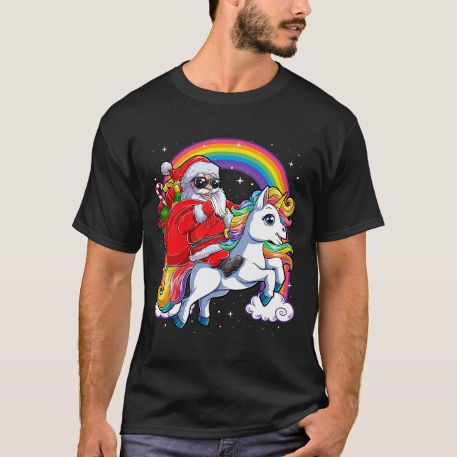 Christmas Santa Riding Unicorn Xmas Girls Women Ra T-Shirt (Front)