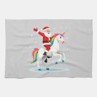 Christmas Santa Riding Unicorn Xmas Girls Women Ra Tea Towel