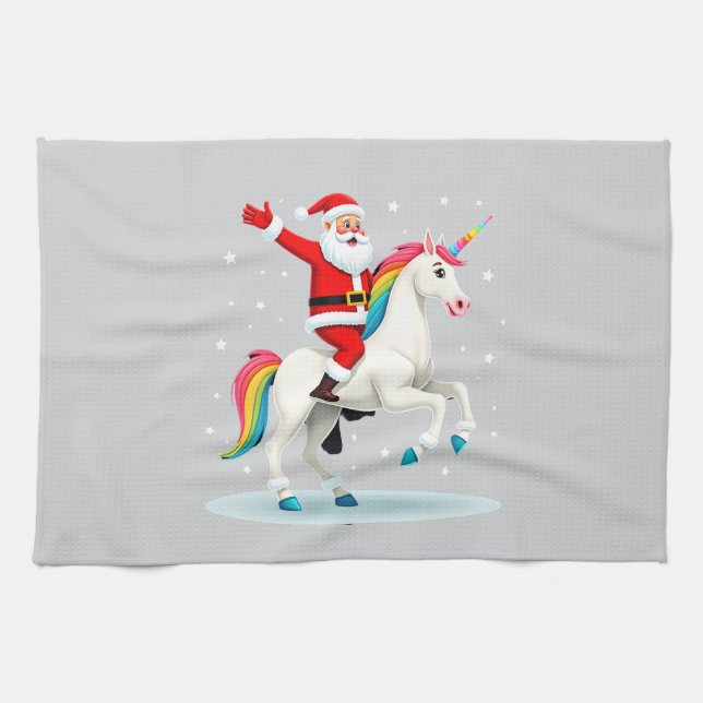 Christmas Santa Riding Unicorn Xmas Girls Women Ra Tea Towel (Horizontal)