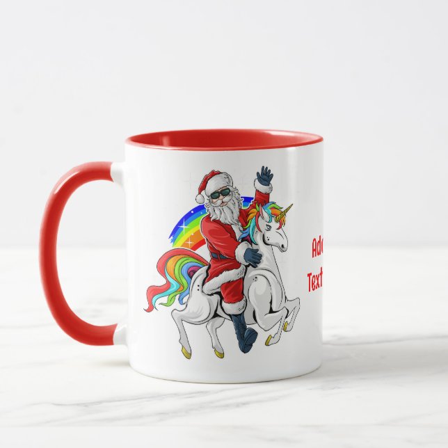 Christmas Santa Riding Unicorn Xmas Rainbow Red Mug (Left)