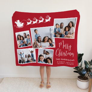 Christmas Santa Sleigh Red Photo Collage Fleece Blanket