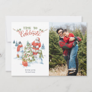 Christmas Santa Snowmen Snowflake Watercolor Photo Holiday Card