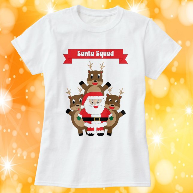 Christmas Santa Squad Reindeer Funny T-Shirt (A funny Christmas shirt featuring Santa and Reindeer with a banner that says Santa Squad.)