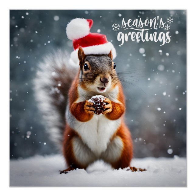 Christmas Santa Squirrel with Pinecone  Poster (Front)