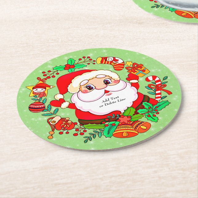 Christmas Santa Stocking Cane Present Holly Round Paper Coaster (Angled)