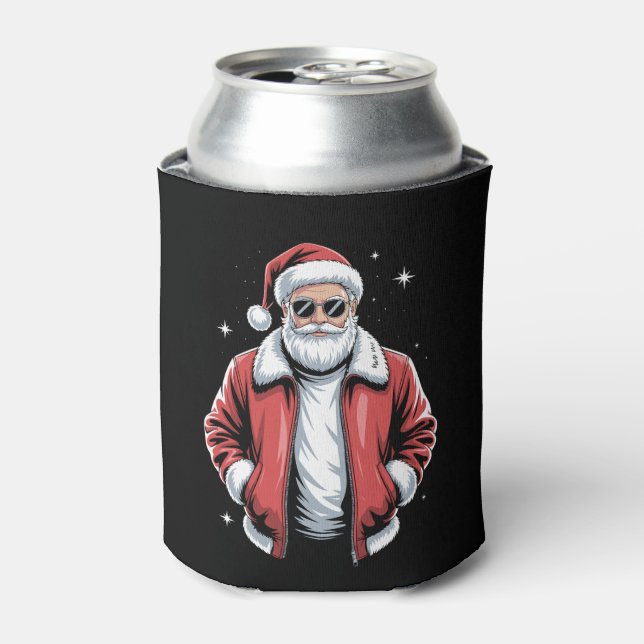 Christmas Santa Sunglasses Leather Jacket Bomber Can Cooler (Can Front)