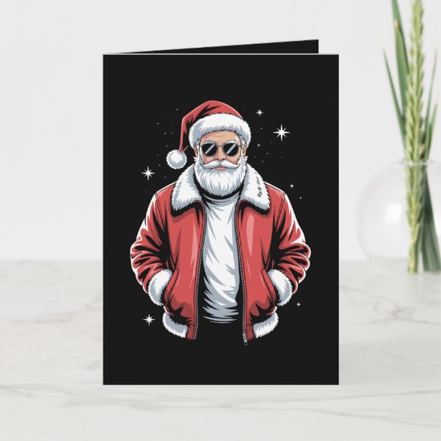 Christmas Santa Sunglasses Leather Jacket Bomber Card (Front)
