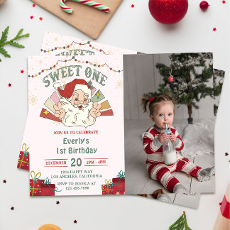 Christmas Santa Sweet One 1st Birthday Party Photp Invitation