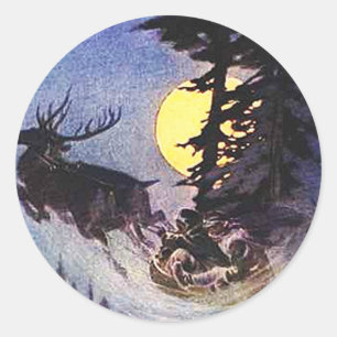 Christmas Santa Two Reindeer Forest Gift Wrap Classic Round Sticker