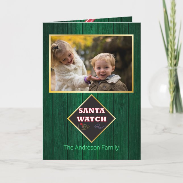 Christmas Santa Watch Barn Wood Family Photo Fun Card (Front)