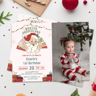 Christmas Santa Winter Onederland Birthday Photo Invitation