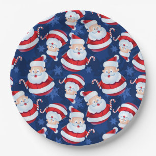 Christmas Santa with Candy Cane and Snowflakes Paper Plate