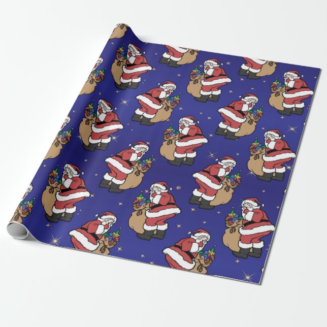 Christmas Santa with Sackful of Toys on Blue Wrapping Paper (Unrolled)