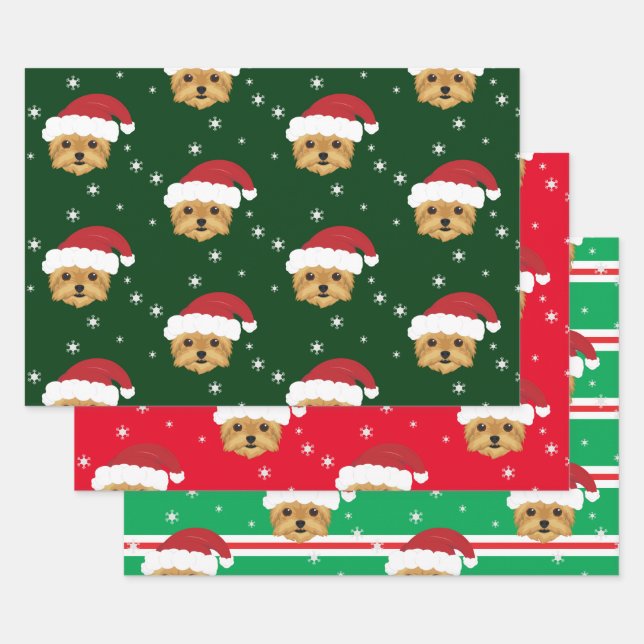 Christmas Santa Yorkshire Terrier Dog Snowflake Wrapping Paper Sheet (Set)