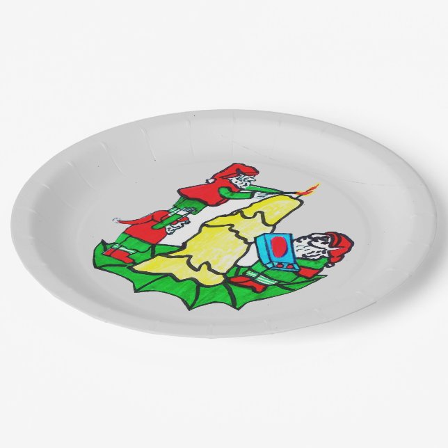 CHRISTMAS SANTA'S ELVES DECORATING  PAPER PLATE (Angled)