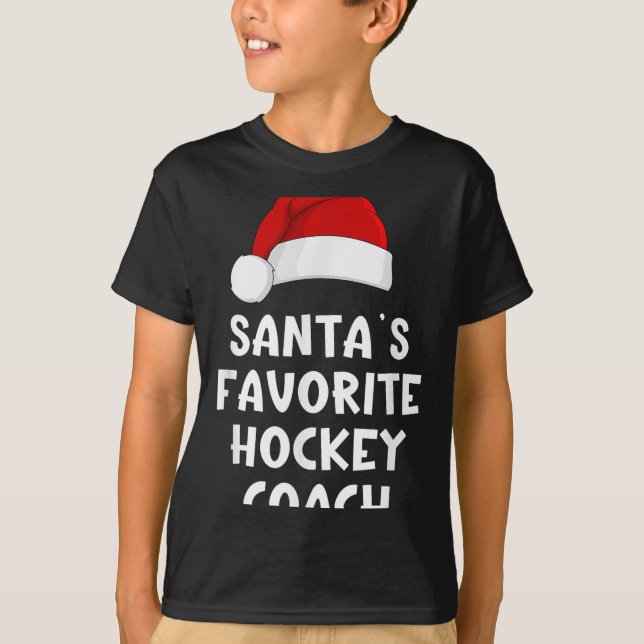 Christmas Santas Favourite Hockey Coach Funny Xmas T-Shirt (Front)