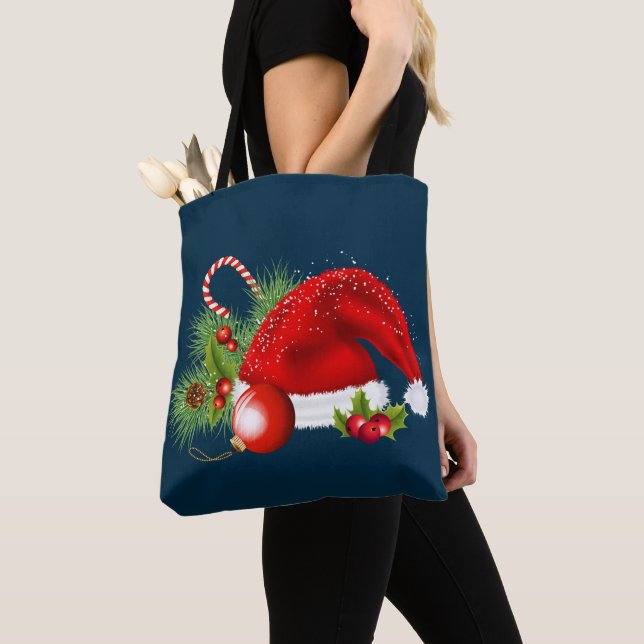 Christmas Santa's Red Hat Colourful Ornaments Navy Tote Bag (Close Up)