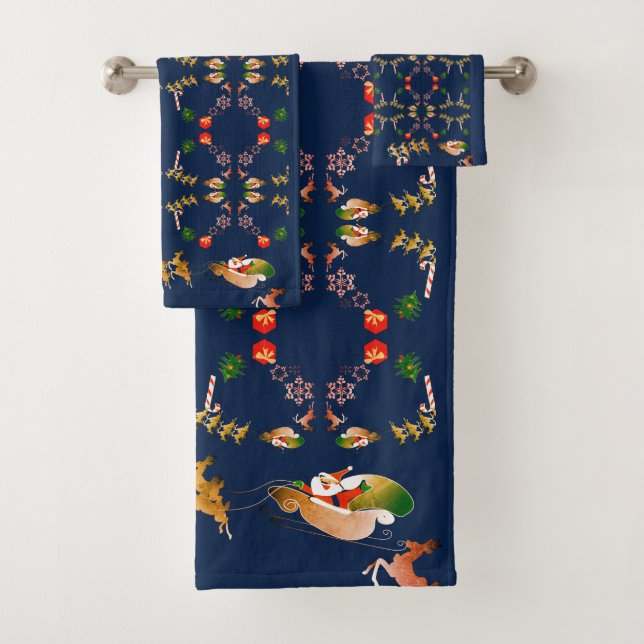 Christmas Santa's Reindeer Drk Blue Bath Towel Set (Insitu)