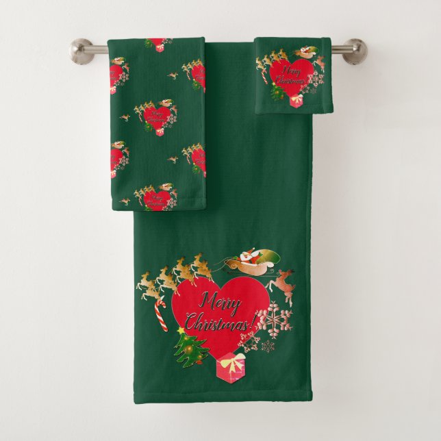 Christmas Santa's Reindeer Green Bath Towel Set (Insitu)