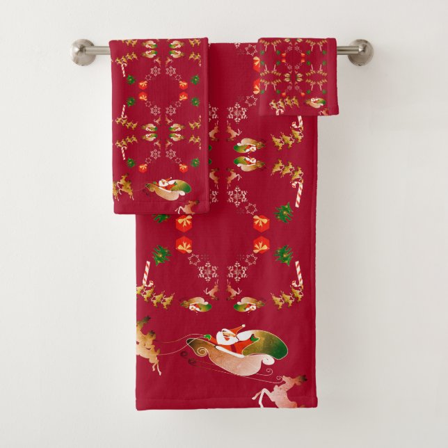 Christmas Santa's Reindeer Red Bath Towel Set (Insitu)