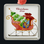 Christmas Santa's Sleigh Ornament<br><div class="desc">This delightful Santa's sleigh Christmas art will bring joy to those who receive your Christmas cards! This collection has been created to grace your Christmas cards, stickers, stamps and more. Featuring a beautiful hand painted sleigh filled with a snow covered Christmas tree, packages and Santa's bag of gifts. The sleigh...</div>