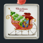 Christmas Santa's Sleigh Ornament<br><div class="desc">This delightful Santa's sleigh Christmas art will bring joy to those who receive your Christmas cards! This collection has been created to grace your Christmas cards, stickers, stamps and more. Featuring a beautiful hand painted sleigh filled with a snow covered Christmas tree, packages and Santa's bag of gifts. The sleigh...</div>