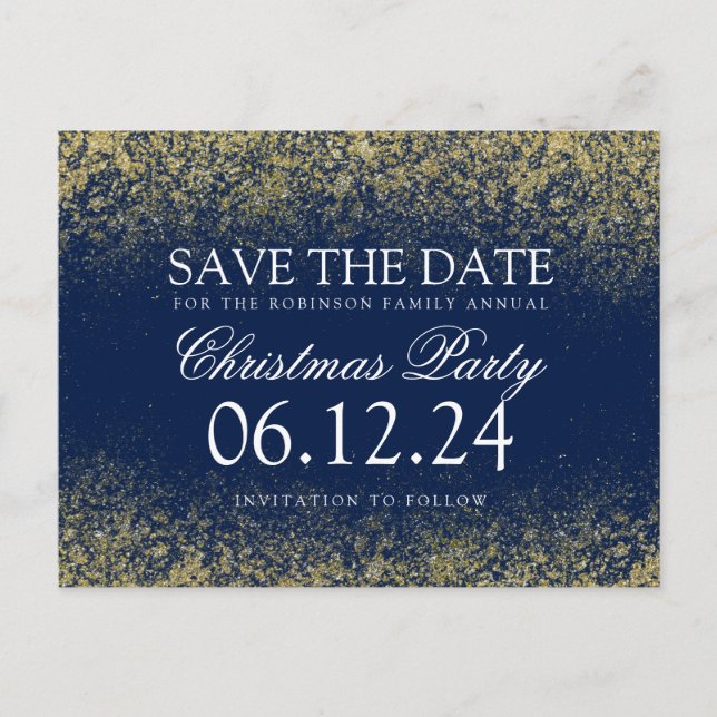 Christmas Save The Date Gold Glitter Dust Navy Blu Announcement Postcard (Front)
