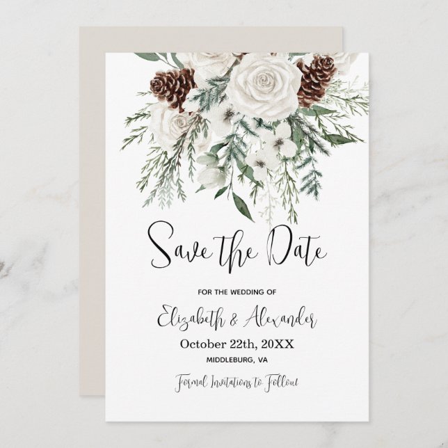 Christmas Save The Date Pine Floral Winter Wedding Invitation (Front/Back)