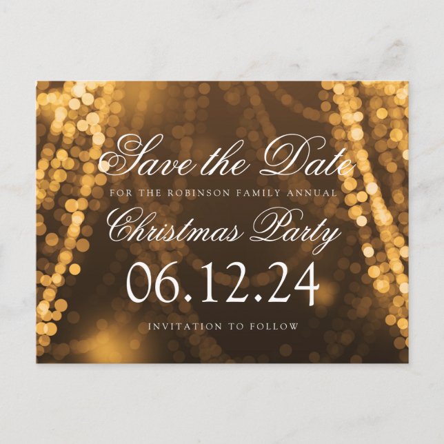 Christmas Save The Date Twinkle String Lights Gold Announcement Postcard (Front)